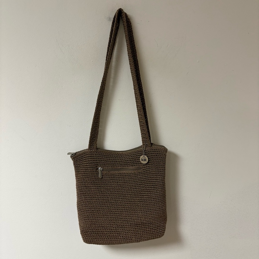 The Sak Crochet Shoulder Bag Brown Double Strap Zip Closure